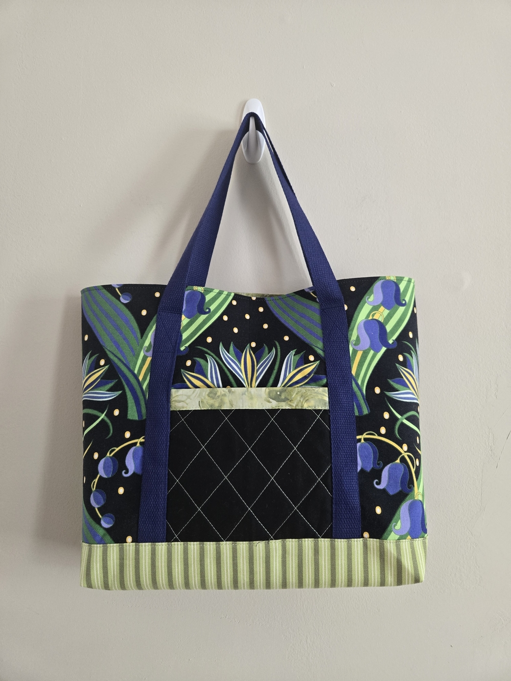 Blue & Green Floral Handmade Tote Bag with Navy Straps